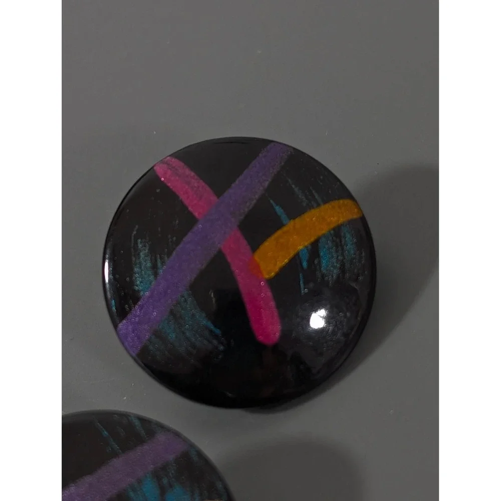 Vintage Y2K Black Acrylic Earrings Neon‎ Stripe Teal Pink Purple Round